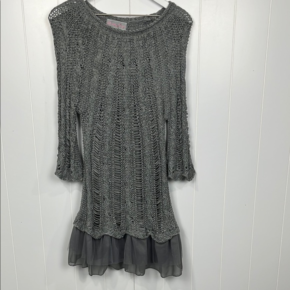 Pretty Angel Womens Open Crochet Tunic L Gray Pullover 3/4 Bell Sleeves Unique - Picture 1 of 12